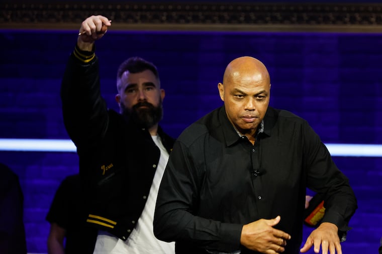 Former Eagles center Jason Kelce points to special guest Charles Barkley during the tapping of "They Call It Late Night with Jason Kelce" on ESPN at Union Transfer Friday night.