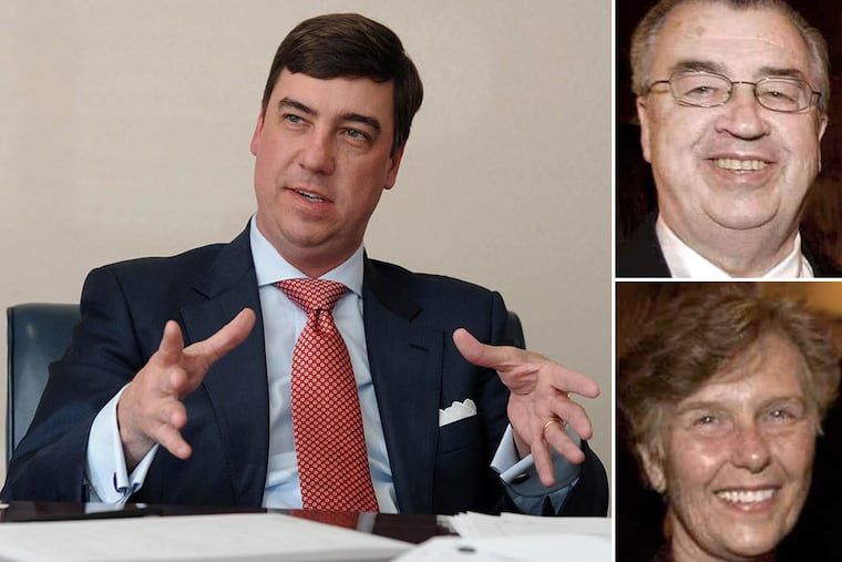 Mark Sheridan, 41 (left), the oldest son of John and Joyce Sheridan (right), speaks in his Newark, N.J., law office about what he and his three brothers feel was the botched investigation into their parents' death on Sept. 2014, which was ruled a murder-suicide. ( CLEM MURRAY / Staff Photographer )