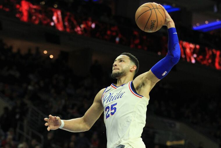 Ben Simmons of the Sixers goes up for a dunk in the 2nd quarter against the Hornets during at the Wells Fargo Center on March 2, 2018.