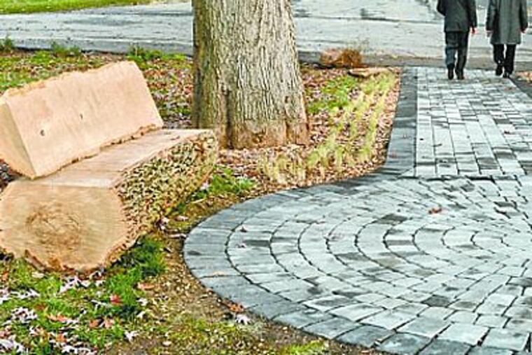 After a tree planting at West Laurel Hill's natural burial site, cemetery president Nevin Mann (left) and Joe Sehee of the Green Burial Council stroll away from a log bench. Each year, Sehee says, Americans bury enough steel for a Golden Gate Bridge and enough concrete for a road halfway across the country. ( Peter Tobia / Staff Photographer )