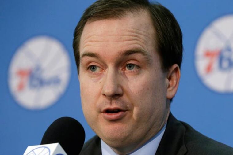 76ers general manager Sam Hinkie speaks at a news conference to introduce newly acquired rookie Nerlens Noel at the team's NBA basketball training facility, Tuesday, July 23, 2013, in Philadelphia. (Matt Rourke/AP)