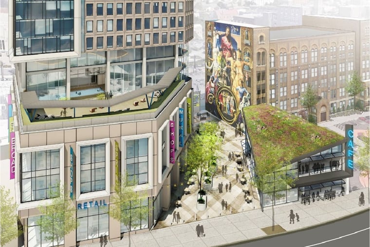 Artist's rendering of lower levels of planned Mural West tower at Broad and Spring Garden Streets.
