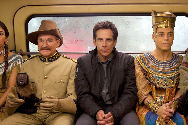 From left, Mizuo Peck, Robin Williams, Ben Stiller, Rami Malek and Patrick Gallagher. (AP Photo/20th Century Fox, Kerry Brown)