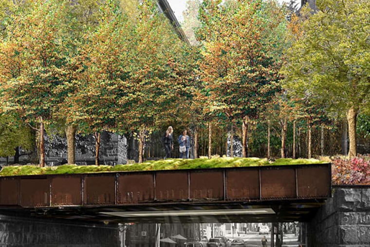 Rendering of the Reading Viaduct park above 13th Street.