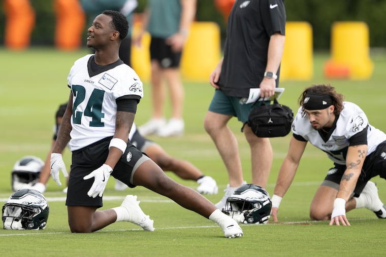 Eagles' second round pick Andrew Mukuba shown at rookie minicamp on May 2.