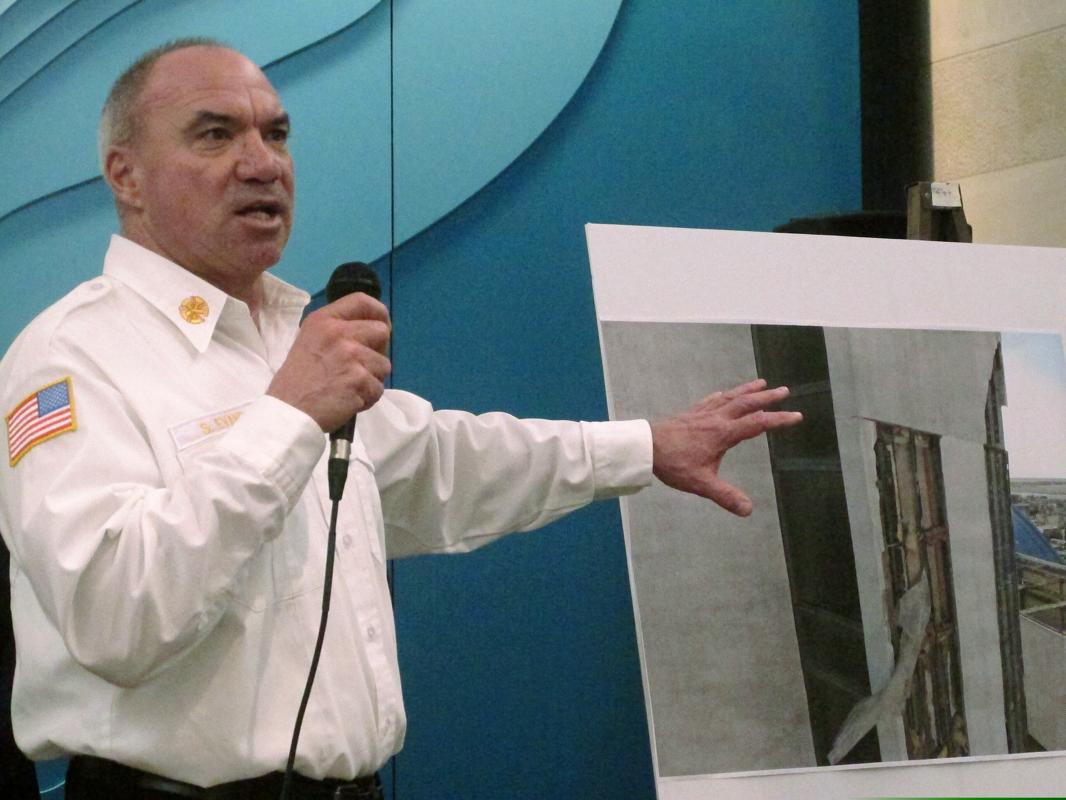 Atlantic City Fire Chief Scott Evans speaking at a news conference in March, calling for the immediate demolition of the former Trump Plaza casino. The union representing his firefighters has filed a lawsuit saying the city has shown “blatant disregard” for the health and safety of its members, after six firefighters tested positive last week for the coronavirus, potentially exposing 65 firefighters to the pandemic.