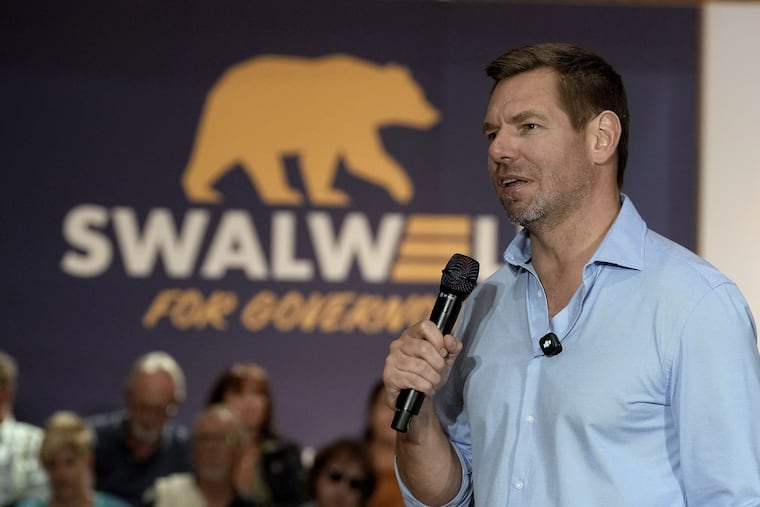 California gubernatorial candidate, Rep. Eric Swalwell, D-CA appears at a town hall meeting in Sacramento, Calif., Tuesday, April 7, 2026. (AP Photo/Rich Pedroncelli)