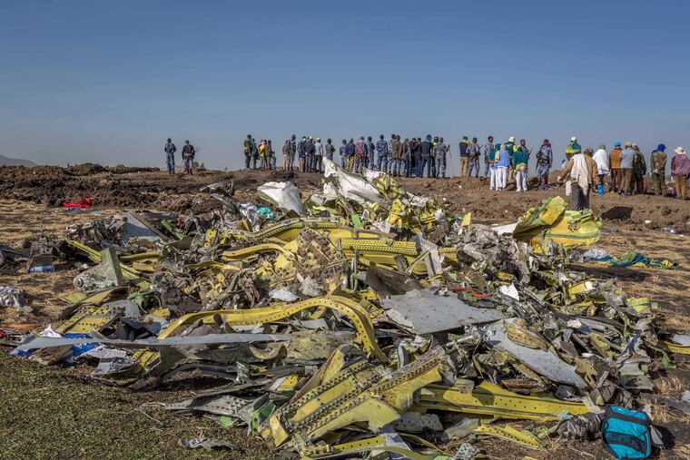 Wreckage at the crash scene of Ethiopian Airlines Flight 302 near Bishoftu, Ethiopia, March 11, 2019.