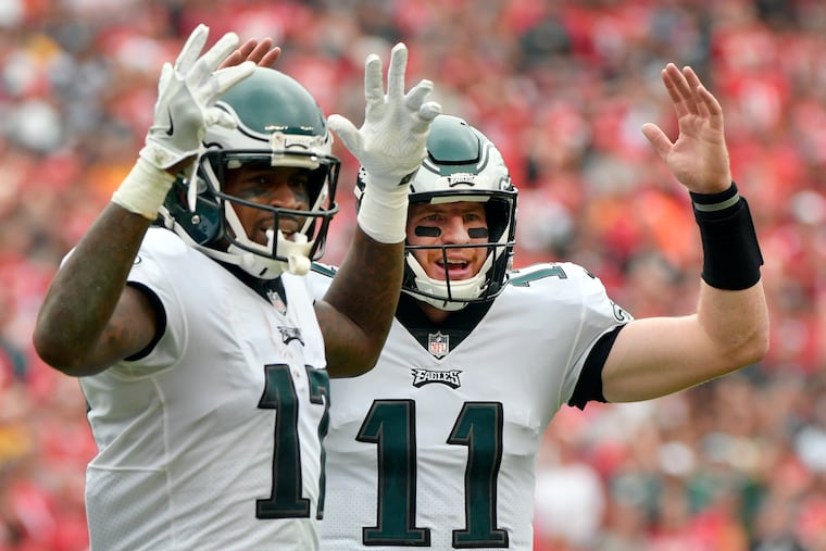 It's been almost a calendar years since Carson Wentz (right) and Alshon Jeffery hooked up to score.