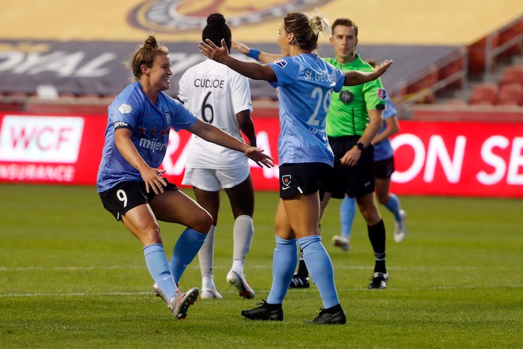 Chicago's Bianca St. Georges (right) had a goal and two assists in the Red Sttars' win over Sky Blue FC.
