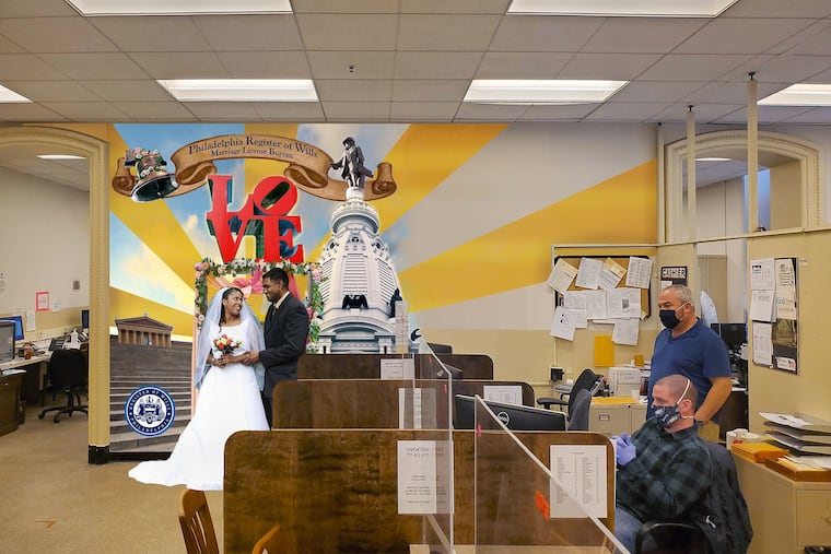 A rendering of Nathaniel Lee's new marriage selfie mural for Mural Arts Philadelphia inside the Register of Wills Wedding License Bureau at Philadelphia City Hall.