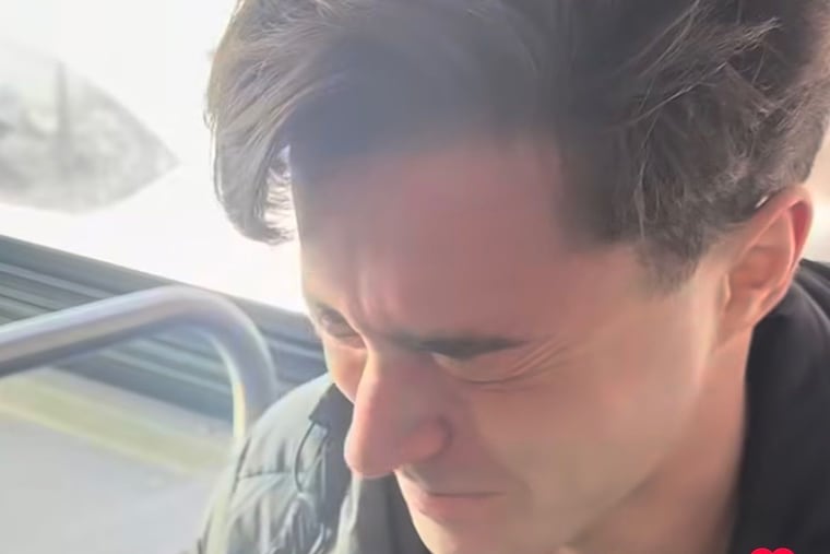 Francis Scales, 22, a local political influencer, gets pepper-sprayed in the face on the SEPTA 7 bus on Monday Jan. 21, 2026.