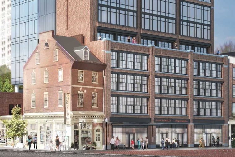 Artist's rendering of Toll Bros.'s planned condo tower on Jewelers Row, as seen from street level looking southwest.