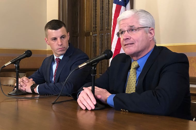 In this Jan. 30 photo, Senate Majority Leader Mike Shirkey, R-Clarklake, right, and House Speaker Lee Chatfield, R-Levering, speak to the media at the Michigan Capitol in Lansing, Mich.