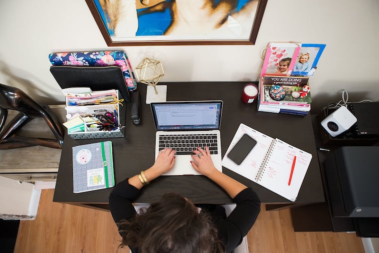 If you're working at home, “you definitely need a dedicated space,” says Hilary Young, who runs a content branding and marketing business from her Philadelphia home. “I have artwork, cute office supplies, a comfortable chair and an organized desk, and I’m sure mail and my kids’ stuff doesn’t end up there.”