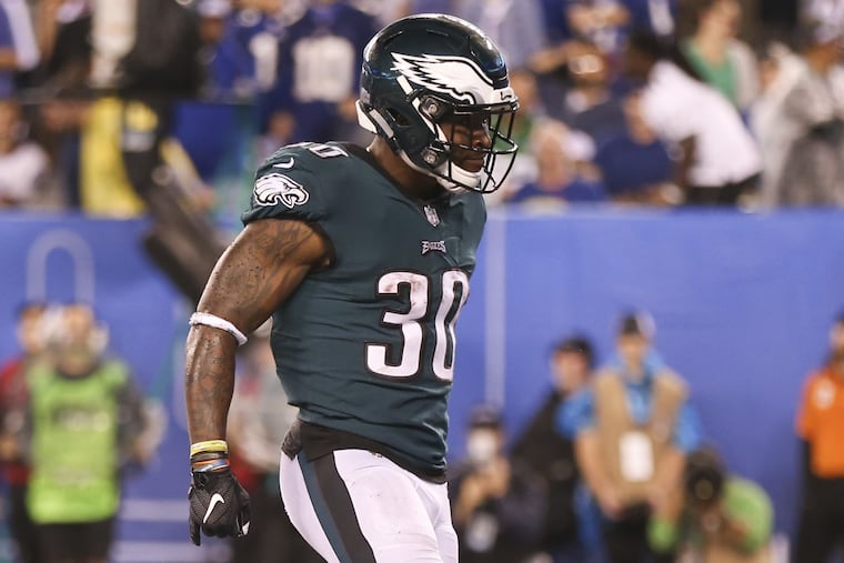 Eagles running back Corey Clement celebrates his first-quarter touchdown run against the New York Giants on Thursday, October 11, 2018 in East Rutherford, NJ.