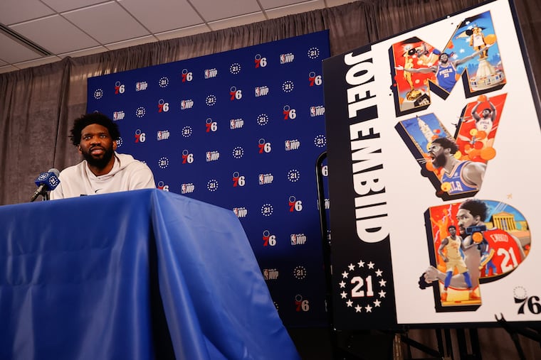 Sixers center Joel Embiid addresses the media after winning the MVP award at TD Garden in Boston on Wednesday.