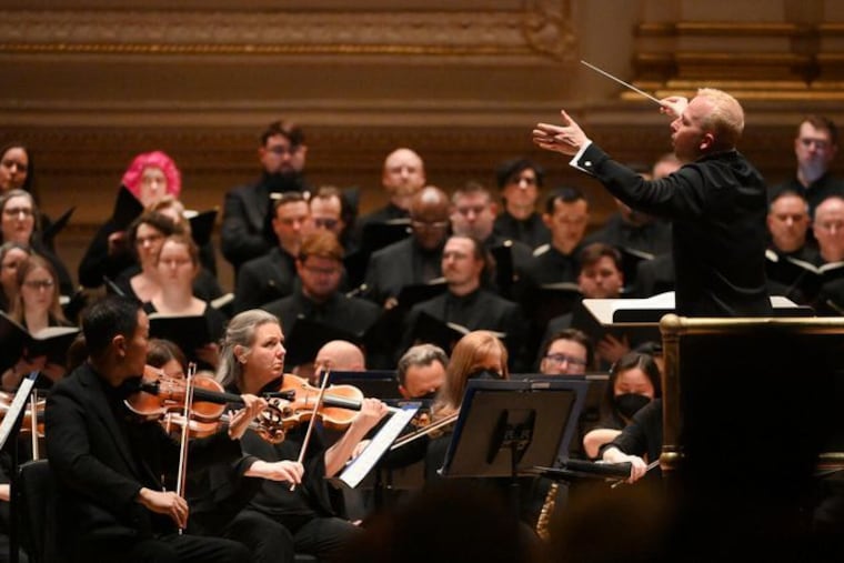 Music director Yannick Nézet-Séguin conducts the Philadelphia Orchestra and the Philadelphia Symphonic Choir during a performance of Beethoven's "Missa solemnis" at Carnegie Hall Friday night.