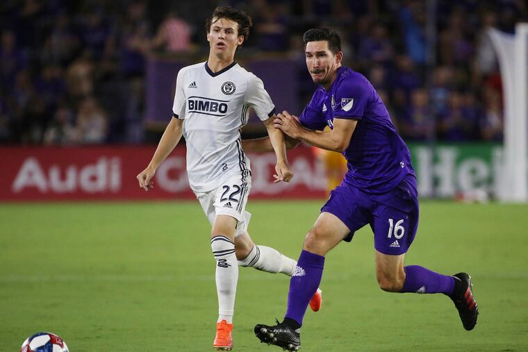 Brenden Aaronson (left) helped set up one of the Philadelphia Union's goals against Orlando City.