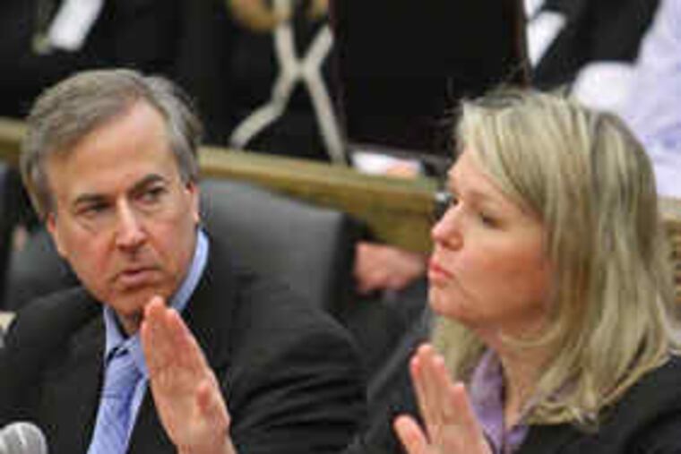 Linde Finsrud Wilson of Aria Health said that the night Joaquin Rivera died, emergency-room staff had not followed a policy that they check on patients periodically. At left is Aria's Robert Danoff.