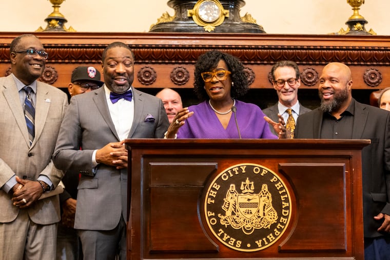 Mayor Cherelle L. Parker, center, on Tuesday unveiled a new public-private partnership to redevelop the Brith Sholom House.