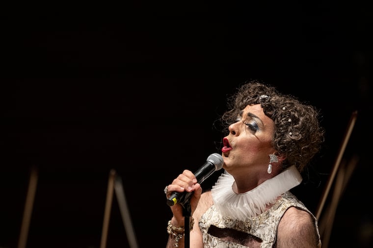 Philadelphia drag royalty, Martha Graham Cracker, sings during the Philadelphia Orchestra's Pride Concert on Wednesday, June 4, 2025 at the Kimmel Center in Philadelphia.