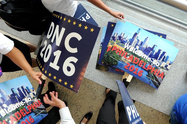 Placards promoting Philadelphia as the host city of the Democratic National Convention in 2016, while the Democratic National Committee was touring the city in August.
