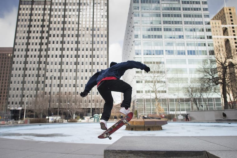 Colin Watson, of West Philadelphia, does a trick in Philadelphia’s LOVE Park in February 2016.