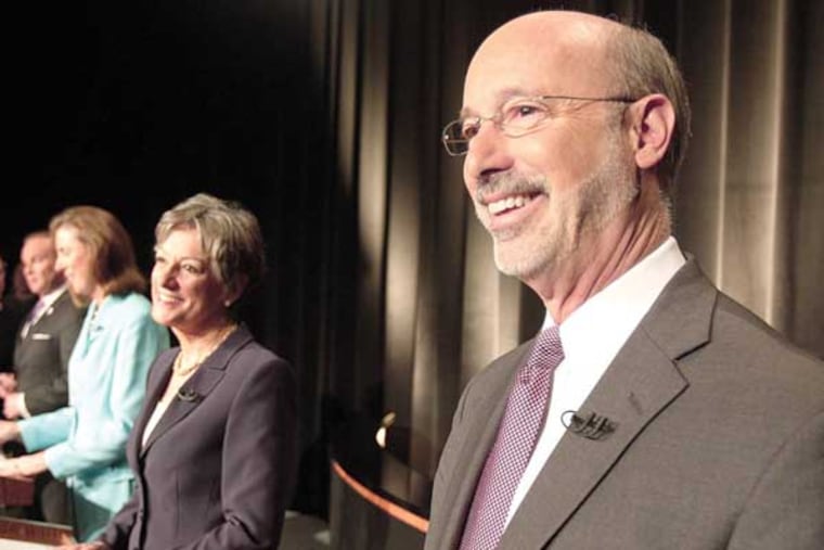 Democratic primary candidates for governor Tom Wolf (from right), Allyson Schwartz, Katie McGinty and Rob McCord during a taping of a debate earlier this month. The primary is May 20. (Akira Suwa/File photo)