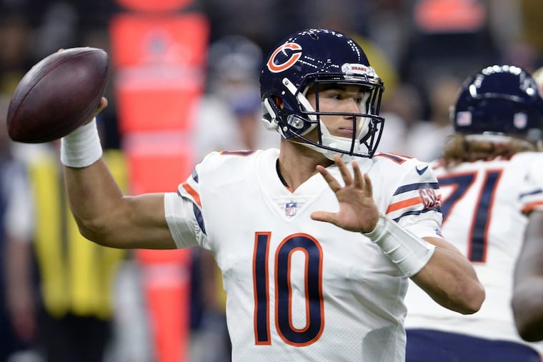 Chicago Bears quarterback Mitchell Trubisky (10) passes in the first half of an NFL football game against the New Orleans Saints in New Orleans, Sunday, Oct. 29, 2017. (AP Photo/Bill Feig)