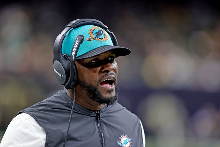 Brian Flores, then serving as coach of the Miami Dolphins, yells during the second half of a game against the Saints.