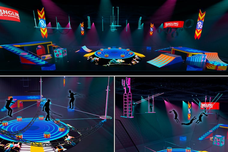 This combination of photos shows art renderings for the reimagined Ringling Bros. and Barnum & Bailey circus, reborn without animals. The show, which will offer highwire tricks, soaring trapeze artists and bicycles leaping on trampolines, kicks off its 2023 North American tour this fall.