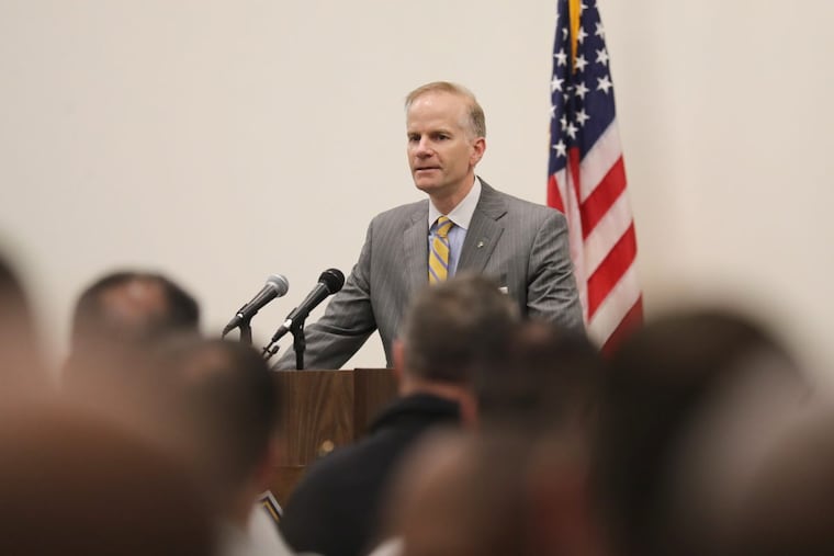 U.S. Attorney William M. McSwain speaks in support of Philadelphia Police to commanders and recruits at the Police Academy on Thursday, April 26, 2018.