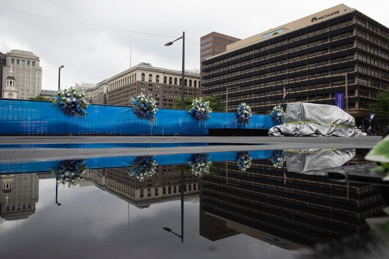 Puddles dot the stage for Gospel on Independence, along Market Street in Philadelphia Sunday evening. The planned Sunday night Gospel on Independence performance, part of the Wawa Welcome America festivities, has been rescheduled for Monday at 7 p.m. at Sixth and Market Streets.