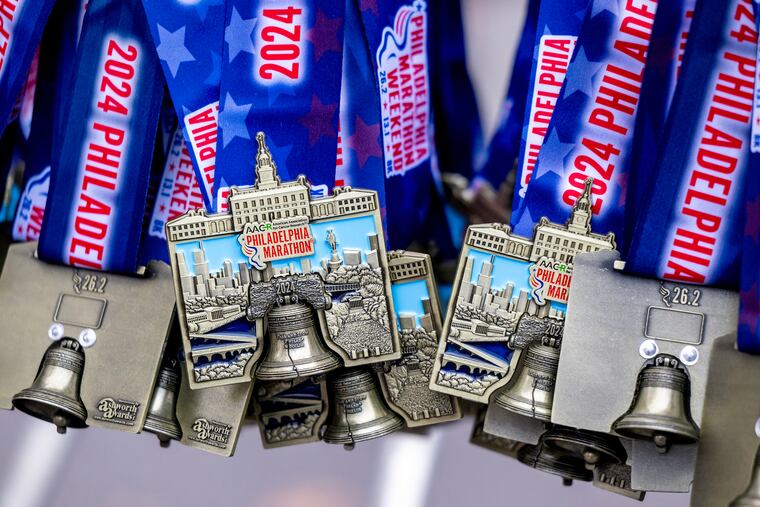 Medals for runners who finish the 2024 Philadelphia Marathon Sunday, Nov. 24, 2024.