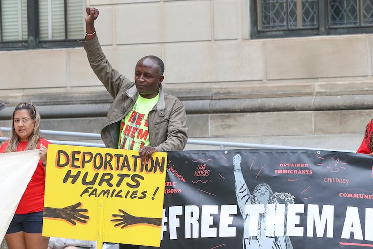Capital Good Fund, a nonprofit lender, has recently expanded its services in to Pennsylvania to provide loans to immigrants paying legal fees. Pictured is Serges Demefack of the American Friends Service Committee, at a 2022 rally in Trenton, NJ demanding greater investment in immigrant communities.