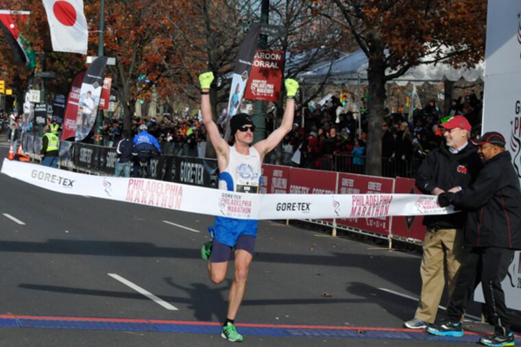 Dan Vassallo of Peabody, Mass. won the 2014 Philadelphia Marathon, with an unofficial time of 2:17:28. (Dave DuBan / for Philly.com)