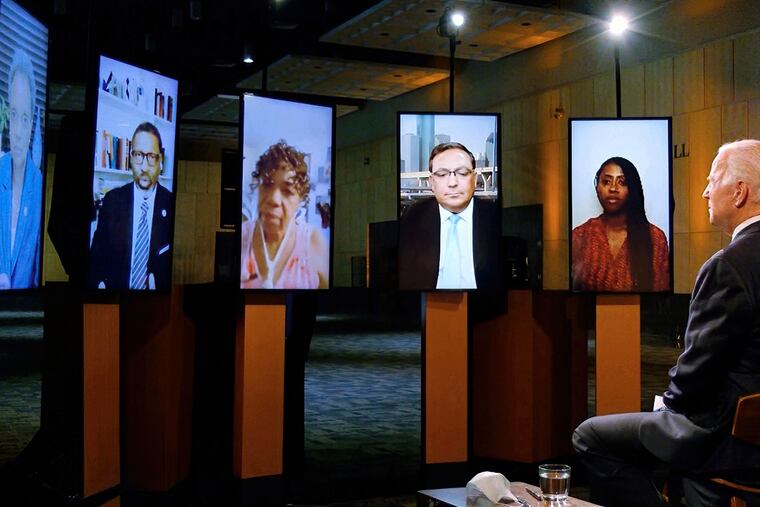 In this image from video, Democratic presidential candidate former Vice President Joe Biden leads a conversation on racial justice with Art Acevedo, Jamira Burley, Gwen Carr, Derrick Johnson and Lori Lightfoot during the first night of the Democratic National Convention on Monday, Aug. 17, 2020.