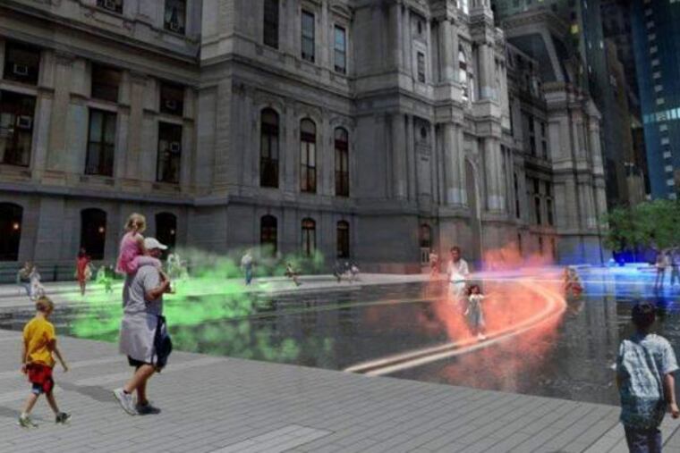 A rendering of Echelman's fountain sculpture at night. The mist will be color-coordinated with the transit lines showing the movement of subway and trolley lines beneath Dilworth Plaza.