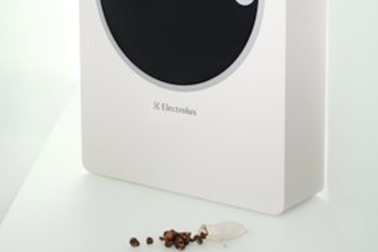 E-Wash, a compact washing machine that uses soap nuts instead of detergent, garnered the top prize for Levente Szabó of Hungary in the Electrolux Design Lab competition. At right is finalist Nature Wind, by Bae Won-Ho of South Korea. The solar-powered air cleaner uses a series of filters.