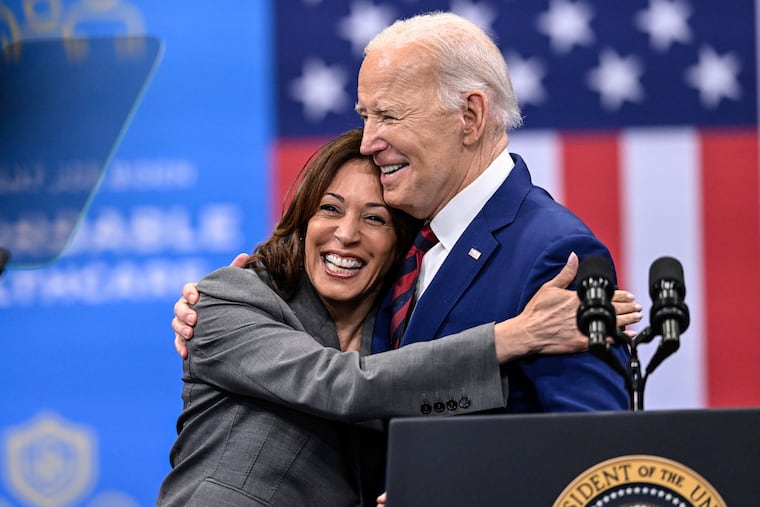 Vice President Kamala Harris embraces President Joe Biden after a speech on healthcare in Raleigh, N.C., on March. 26, 2024.
