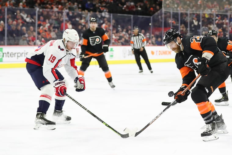 Flyers center Claude Giroux watches the puck against Washington Capitals center Nicklas Backstrom in the second quarter on Saturday, February 26, 2026 in Philadelphia.