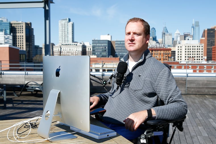 Chef Eli Kulp sits next to his computer and microphone on the rooftop of his Old City home on Monday, April 6 2020. Kulp records The CHEF Radio Podcast, a real-talk conversation with food industry colleagues.