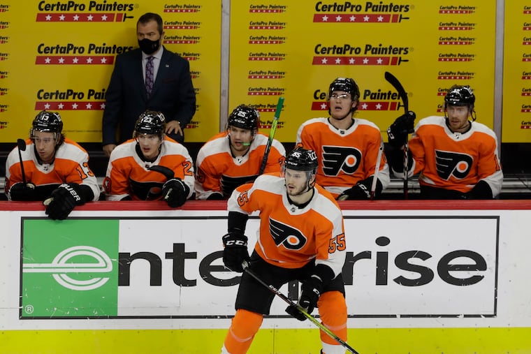 Samuel Morin, playing left wing against the Islanders earlier this season, has been used at his natural position, defense, in his last five games with the AHL's Phantoms.