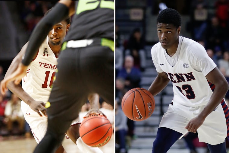 Temple guard Shizz Alston (left) and Penn guard Devon Goodman in action.