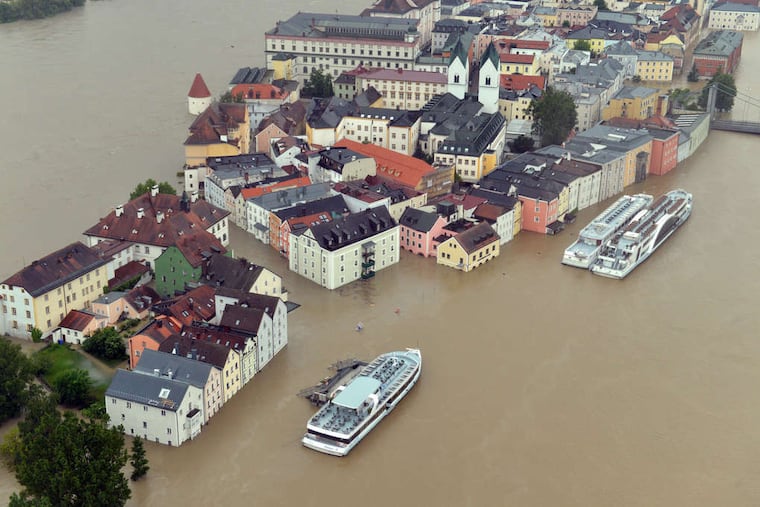 The old section of Passau, Germany, was inundated by the Danube, Inn, and Ilz Rivers. Heavy rainfall caused flooding along rivers and lakes in Germany, Austria, Switzerland, and the Czech Republic.