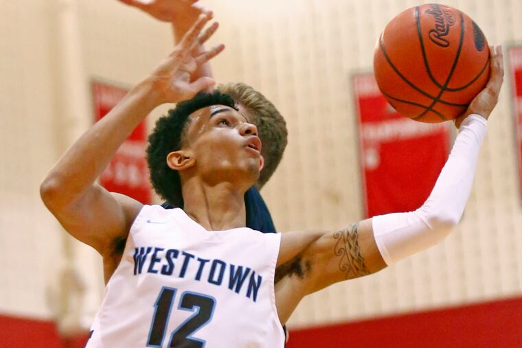 Westtown guard Jalen Gaffney drives to the basket against Timber Creek at the Play-by-Play Classic basketball tournament Saturday, Feb. 3, 2018, at Harriton. Westtown went on to win, 71-57. LOU RABITO / Staff