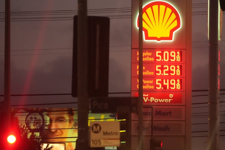 Gas prices are displayed, Monday, March 9, 2026, in Los Angeles.