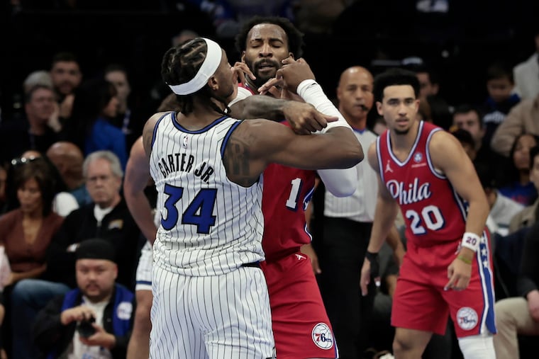 Andre Drummond and Orlando's Wendell Carter Jr. get into an altercation just before the half of the Sixers' blowout loss to the Magic.