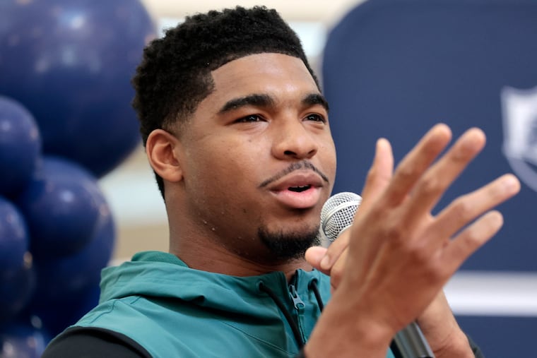 Eagles linebacker Jihaad Campbell during a return last month to Timber Creek in Sicklerville, where he played high school football.